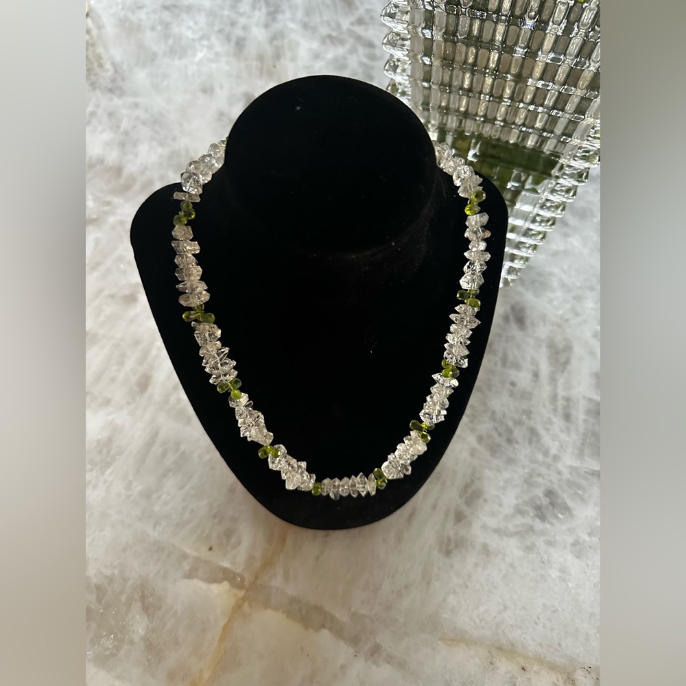 20in Herkimer Diamond and Peridot Briolette Beads Necklace with Sterling Clasp